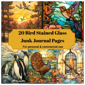 20 Bird Stained Glass Junk Journal Pages - Printable Birds Stained Glass Junk Journal for Scrapbooks - Printable Cards & Ephemera