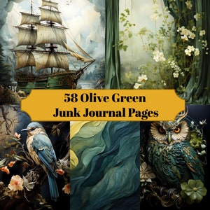 58 Olive Green Junk Journal Pages - Colorful Junk Journal for Scrapbooks - Digital Download for Printable Cards & Ephemera - Scrapbooking