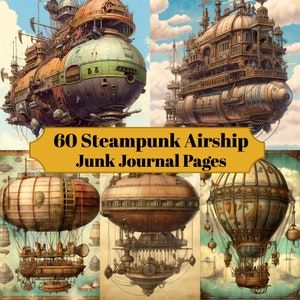 60 Steampunk Airship Junk Journal Pages - Printable Steampunk Plane Junk Journal for Scrapbook - Download for Printable Cards & Ephemera
