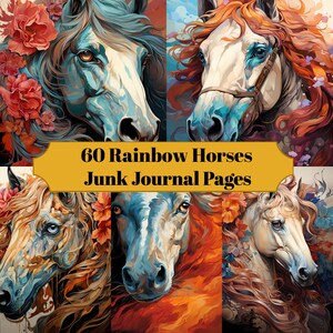 60 Rainbow Horses Junk Journal Pagina's - Afdrukbaar Horse Junk Journal voor Scrapbooks - Digitale download voor afdrukbare kaarten & Ephemera