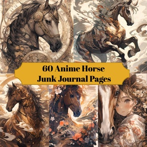 60 Anime Horse Journal Pagina's - Afdrukbaar Horse Junk Journal voor Scrapbooks - Digitale download voor afdrukbare kaarten & Ephemera