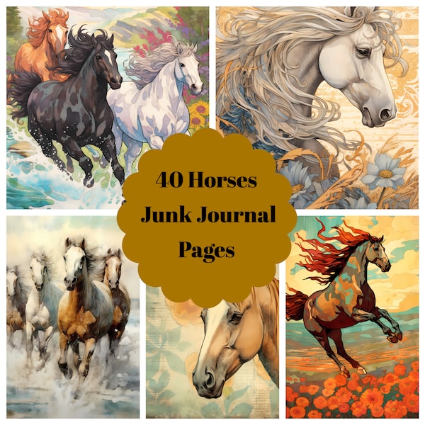 40 Pferde-Junk-Journal-Seiten – druckbares Pferde-Junk-Journal für Scrapbook – digitaler Download für druckbare Karten und Ephemera