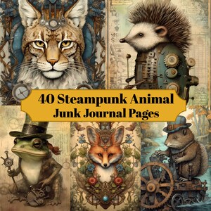 40 Steampunk Woodland Animals Junk Journal Pages - Afdrukbare Steampunk Forest Animal Junk Journal voor Scrapbook - Afdrukbare kaarten
