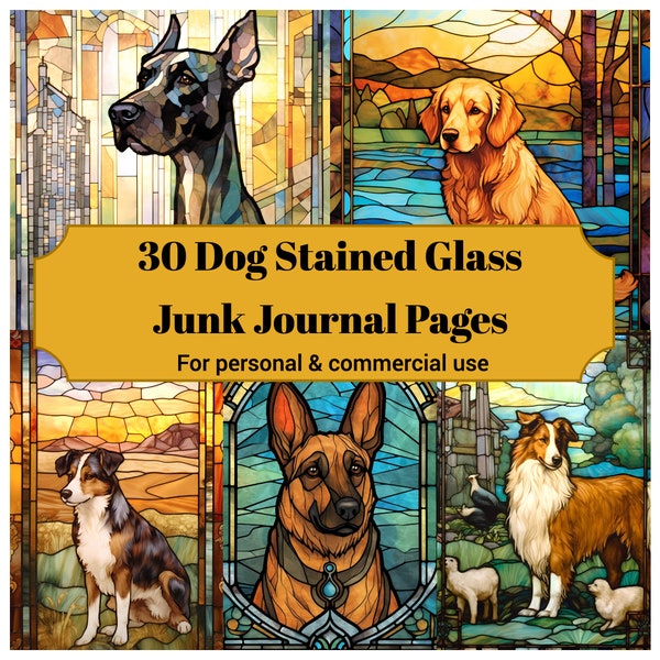 30 Dog Stained Glass Junk Journal Pages - Printable Dogs Stained Glass Junk Journal for Scrapbooks - Printable Cards & Ephemera