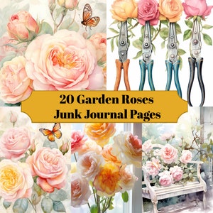 20 Garden Roses Shabby Chic Junk Journal Pages - Shabby Chic Junk Journal for Scrapbook - Digital Download for Printable & Ephemera