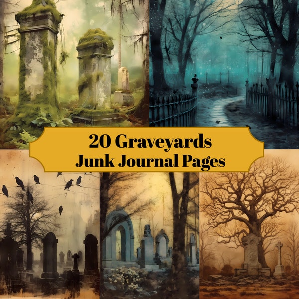 20 Graveyard Junk Journal Pages - Digital Vintage Tombstone Junk Journal for Scrapbooks - Digital Download for Printable Card & Ephemera