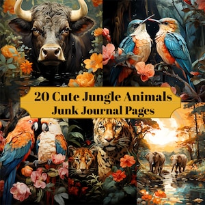 20 Cute Jungle Animal Junk Journal Pages - Printable  Jungle Junk Journal for Scrapbooks - Digital Download for Printable Cards & Ephemera