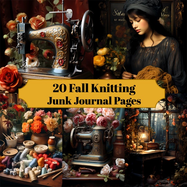 20 Fall Knitting Junk Journal Pages - Printable Autumn Crafts Junk Journal for Scrapbooks - Digital Download for Printable Cards & Ephemera