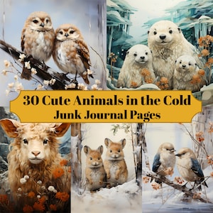 30 Animal in Winter Junk Journal Pages - Printable Polar Baer Junk Journal for Scrapbooks - Digital Download for Printable Cards & Ephemera