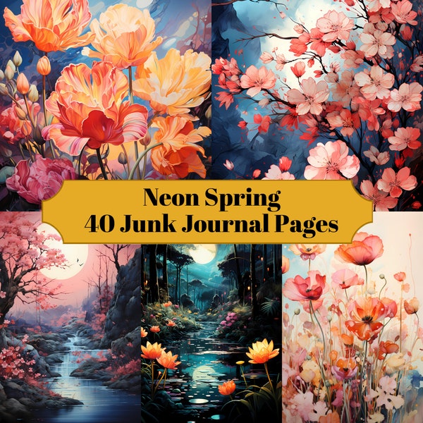 40 Neon Spring Junk Journal Pages - Spring-Themed Papers for Scrapbooks - Digital Download for Printable Cards & Ephemera