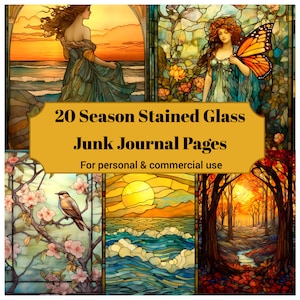 20 Season Stained Glass Junk Journal Pages - Printable Winter / Spring / Sommer / Autumn Stained Glass Junk Journal for Scrapbooks
