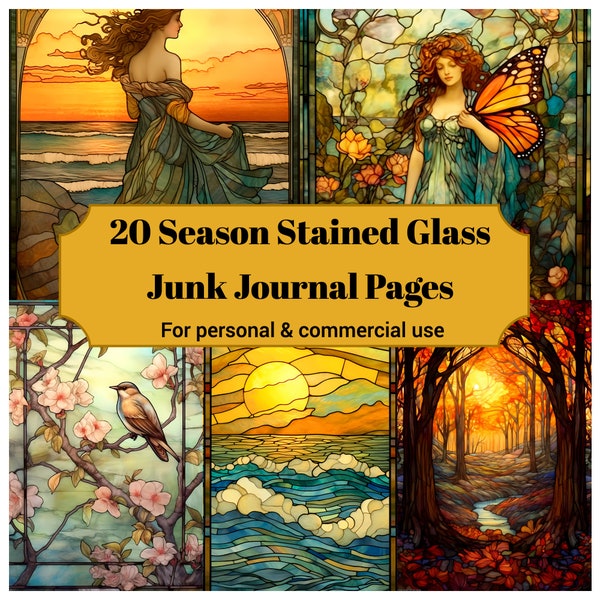 20 Season Stained Glass Junk Journal Pages - Printable Winter / Spring / Sommer / Autumn Stained Glass Junk Journal for Scrapbooks