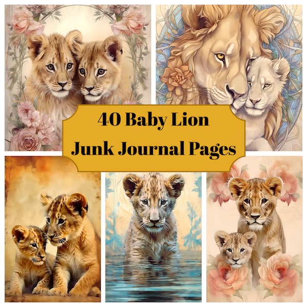 40 Baby Lion Junk Journal Seiten - Druckbare Baby Lions Junk Journal für Sammelalben - Digital Download für druckbare Karten & Ephemera