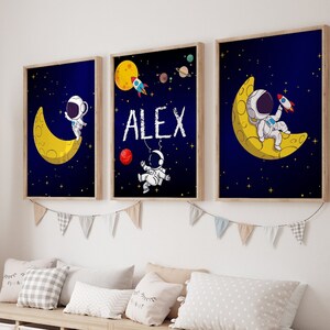 Personalized Space Wall Art, Boys Bedroom Decor, Space Decor, Astronaut Art Print Nursery, Space Playroom Decor, Set of 3, Space Wall Art