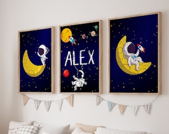 Personalized Space Wall Art, Boys Bedroom Decor, Space Decor, Astronaut Art Print Nursery, Space Playroom Decor, Set of 3, Space Wall Art