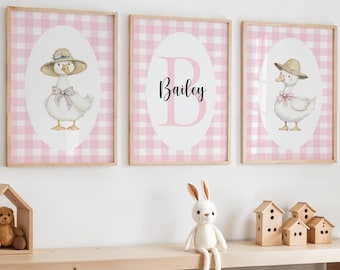 Personalized Goose Nursery Wall Art Set of 3, Pink Gingham Baby Girl Room Decor, Farm Nursery Prints, Goose Prints, Baby Animal Nursery
