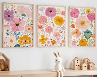 Juego de 3 impresiones florales para pared de guardería, impresiones de flores rosas, decoración floral para habitación de niña, arte botánico para guardería, juego de arte floral en tonos pastel suaves.