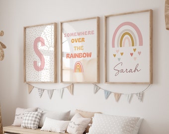 Somewhere over the rainbow prints, Personalized Girls Room decor, Rainbow Nursery Print, Name with rainbow, Pink Nursery Decor, Playroom Art