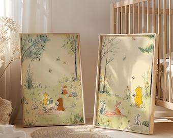Woodland Animal Picnic Nursery Print, Aquarel Forest Friends (digitale download)