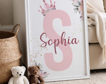Princess Initial Name Wall Art, Princess Nursery Wall Art, Pink Initial Name Print, Custom Baby Girl Name Print, Princess Girl Room Decor