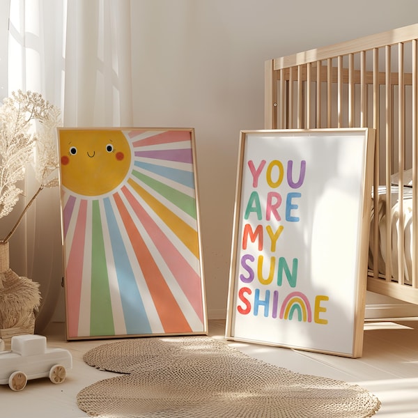 Rainbow Sun Nursery Art Set, You Are My Sunshine Print, Pastel Kids Room Decor