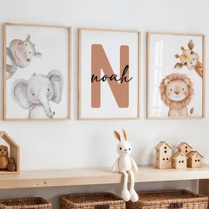 Safari Animal Nursery Wall Art, Personalized Name Print with Elephant, Lion, Giraffe & Hippo, Jungle Themed Kids Room Decor, Animal Decor