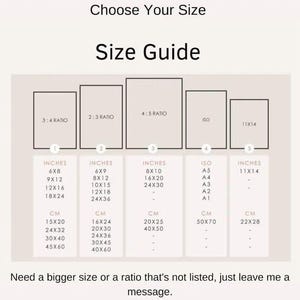 May include: A size guide for prints, showing different aspect ratios and sizes in inches and centimeters. The ratios are 3:4, 2:3, 4:5, ISO, and 11x14. The sizes are 6x8, 9x12, 12x16, 18x24, 6x9, 8x12, 10x15, 12x18, 24x36, 8x10, 16x20, 24x30, A5, A4, A3, A2, A1, 11x14.