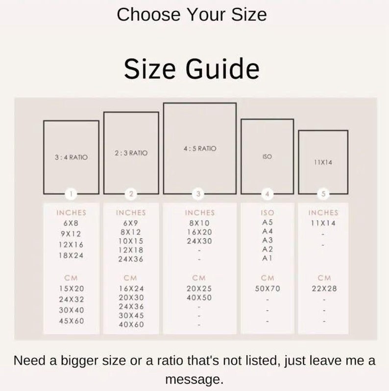 Pu&ograve; includere: Una guida alle dimensioni per le stampe, che mostra diversi rapporti di aspetto e dimensioni in pollici e centimetri. I rapporti sono 3:4, 2:3, 4:5, ISO e 11x14. Le dimensioni vanno da 6x8 pollici a 40x60 pollici.