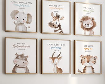 Safari Animal Bible Verse Baby Room Print, Jungle Animal Nursery Decor, Christian Kids Room Prints, Scripture Decor, Bible Verse Nursery Art