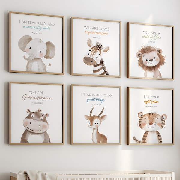 Impressão de versículo bíblico de animais de safári para quarto de bebê, decoração de berçário com animais da selva, impressões cristãs para quarto de crianças, decoração das escrituras, arte de berçário com versículos bíblicos