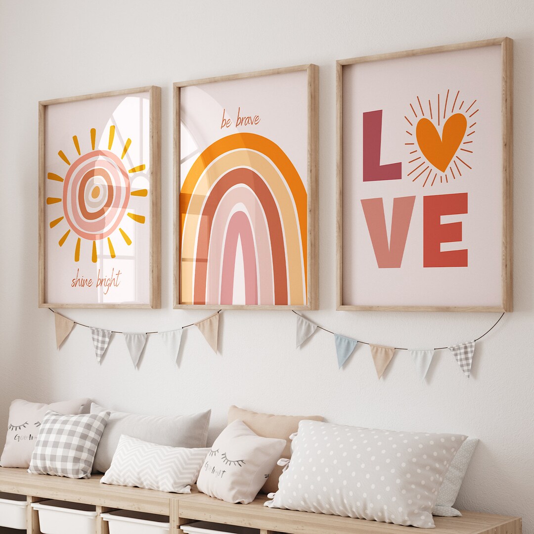 Boho Rainbow Set of 3 Nursery Prints, Girl Nursery Wall Art, Sun Cloud ...