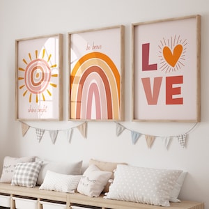 Boho Rainbow Set of 3 Nursery Prints, Girl Nursery Wall Art, Sun Cloud Rainbow Print, Rainbow Nursery, Affirmation Wall Prints, Boho Nursery
