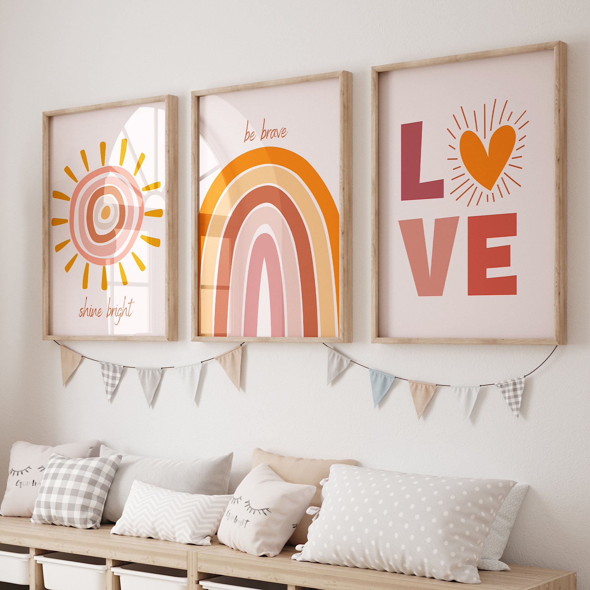 Boho Rainbow Set of 3 Nursery Prints, Girl Nursery Wall Art, Sun Cloud ...