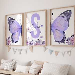 Personalized Purple Butterfly Nursery Prints, Butterfly Wall Art, Purple Flowers And Butterfly, Wildflowers Prints, Floral Nursery Art