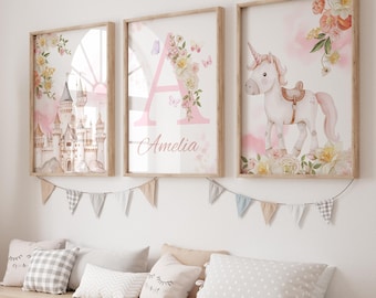 Unicorn Print, Unicorn Nursery Print, Pink Unicorn Decor, Unicorn Girls Room Art, Blush Pink Flowers Print, Princess Castle Art, Unicorn Art