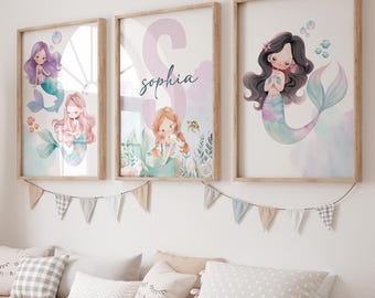 Mermaid Prints for Girls Room, Mermaid Nursery Decor, Under the Sea Girl Nursery Wall Art, Mermaid Wall Art, Mermaid Art, Mermaid Decor Room