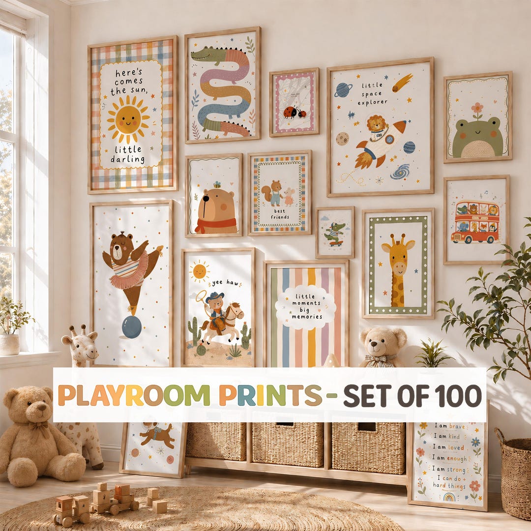 Playroom Wall Art Set of 100, Kids Room Decor Prints, Nursery Wall Art ...