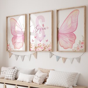 Lámina personalizada de mariposa rosa para guardería, arte mural de mariposas, flores y mariposas rosas, lámina de flores silvestres, decoración de mariposas, arte floral para guardería imagen 5