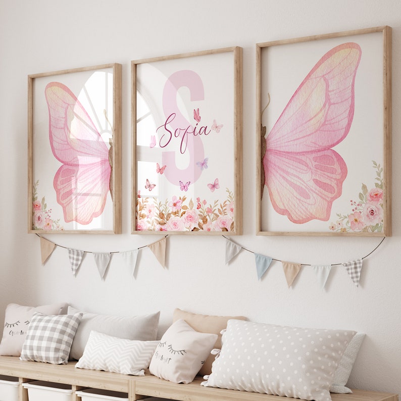 Lámina personalizada de mariposa rosa para guardería, arte mural de mariposas, flores y mariposas rosas, lámina de flores silvestres, decoración de mariposas, arte floral para guardería imagen 5
