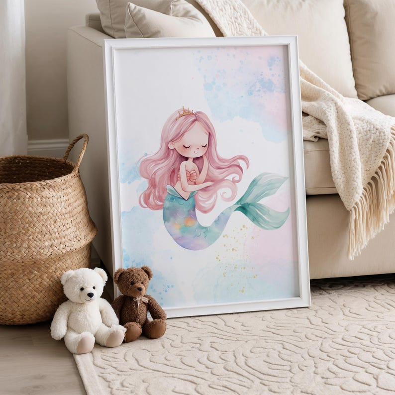 May include: A watercolor illustration of a mermaid with pink hair and a teal tail. The mermaid is holding her hands together in front of her chest. The background is a light blue with white clouds.