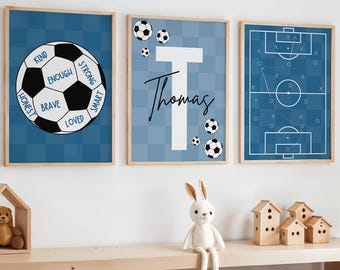 Conjunto de láminas decorativas de fútbol para pared, mensajes de afirmación para niños, decoración infantil con temática de fútbol, láminas infantiles de fútbol, decoración azul para dormitorio infantil, lámina para sala de juegos de fútbol.