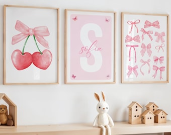 Pink Bows Wall Art, Pink Coquette Nursery Print, Pink Decor Nursery, Coquette Wall Art, Cherry Print, Watercolor Bows Print, Coquette Art