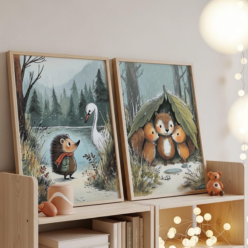 Squirrel Swan Storybook Woodland Animal Art Prints, Nursery Forest Illustrations ...