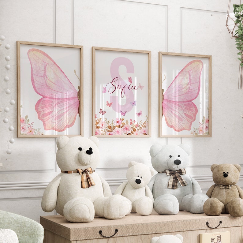 Lámina personalizada de mariposa rosa para guardería, arte mural de mariposas, flores y mariposas rosas, lámina de flores silvestres, decoración de mariposas, arte floral para guardería imagen 7