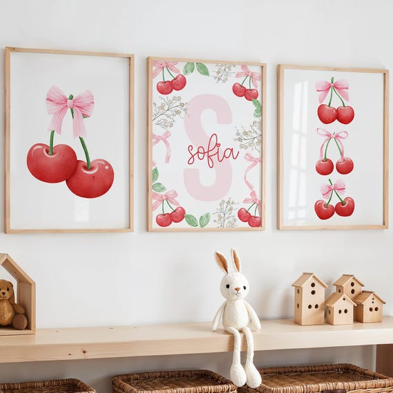 Cherry Wall Art Set for Girls Room, Cherry Prints, Cherry Nursery Decor, Pink Fruit Nursery Decor, Pink Bows Wall Art, Pink Bows Print Art