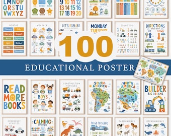 May include: A collection of 100 educational posters featuring colorful illustrations and text covering topics such as the alphabet, numbers, seasons, weather, time, maps, animals, vehicles, and reading, all presented in a clear, grid-like layout.