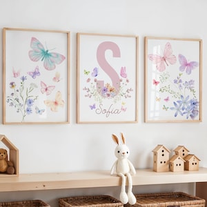 Estampados de mariposas y flores, guardería de mariposas, estampado de flores silvestres, mariposas en colores pastel, flores silvestres y mariposas, arte mural de mariposas