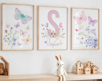 Butterfly and Flower Prints, Butterfly Nursery, Wildflowers Print, Pastel Colors Butterfly, Wildflowers and Butterfly, Butterfly Wall Art