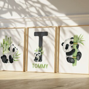 May include: Three framed prints with watercolor illustrations of pandas and bamboo. The middle print features the letter "T" and the name "TOMMY" in green lettering.
