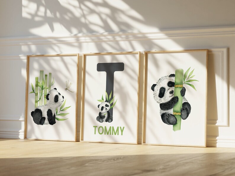 May include: Three framed prints with watercolor illustrations of pandas and bamboo. The middle print features the letter "T" and the name "TOMMY" in green lettering.